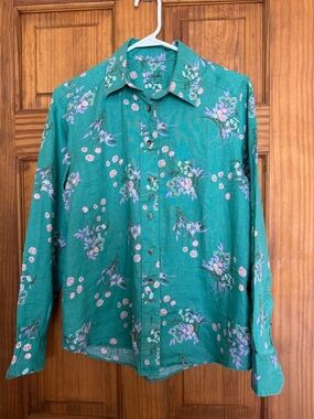Pure linen Green Floral Button-Up women’s Shirt